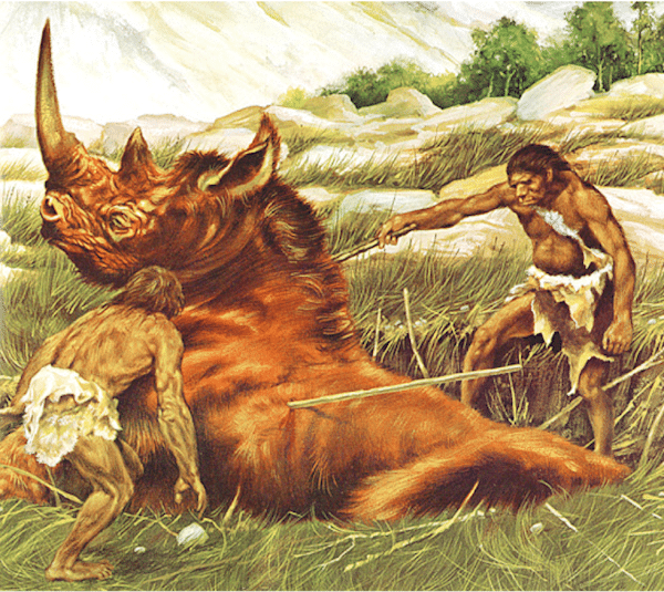 Cavemen hunting giant rhino illustration. 