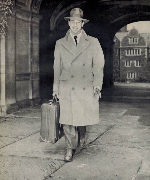 vintage college student 1948 wearing polo overcoat