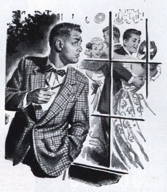 Vintage man looking into window house party illustration. 