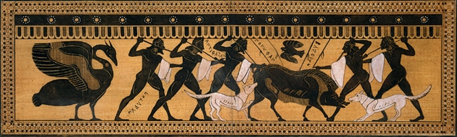 Ancient pottery artwork men hunting with dogs and spears. 