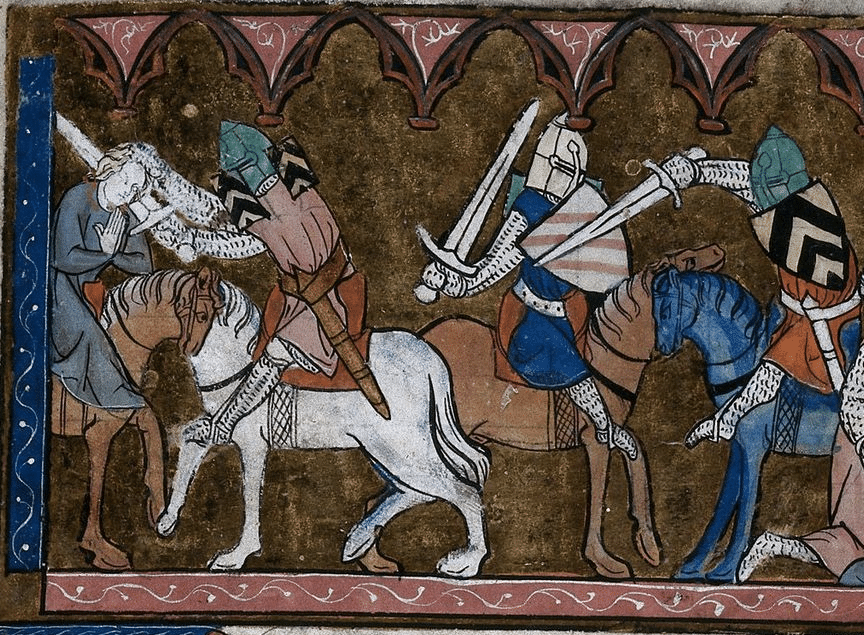 Ancient soldiers knights on horseback with swords illustration. 