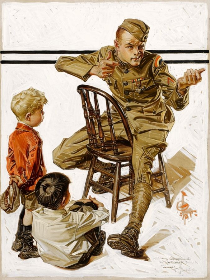 Vintage illustration soldier telling young boys war story.