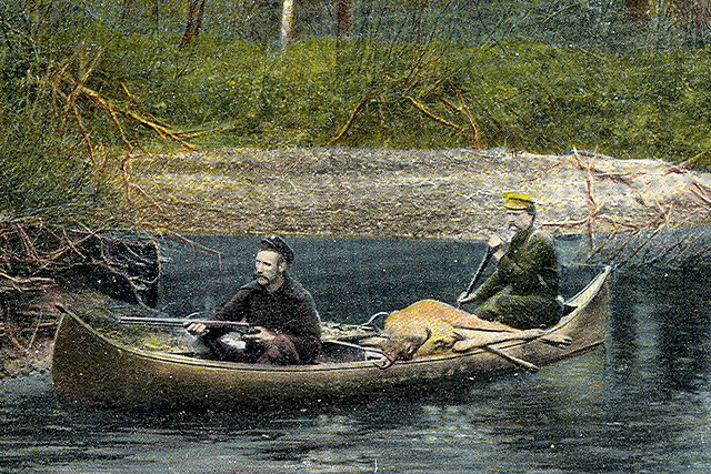 Vintage hunters in boat illustration. 