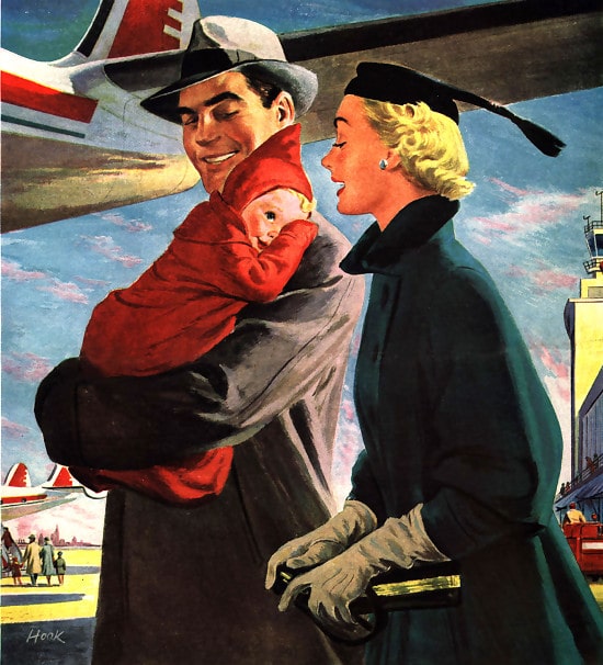 Vintage parents walking onto plane with baby in arms illustration. 