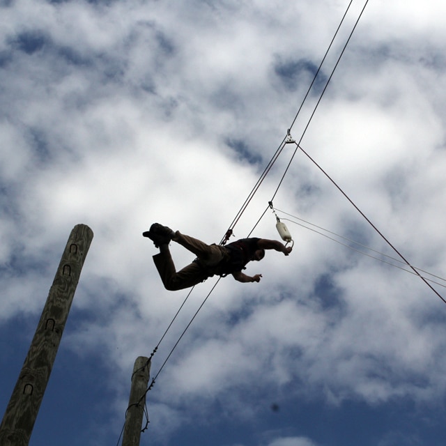 Man doing ropes course. 