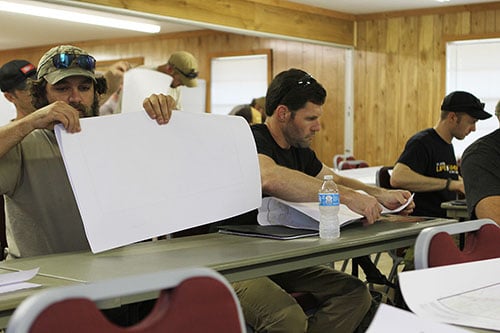 Men folding a topographic map.