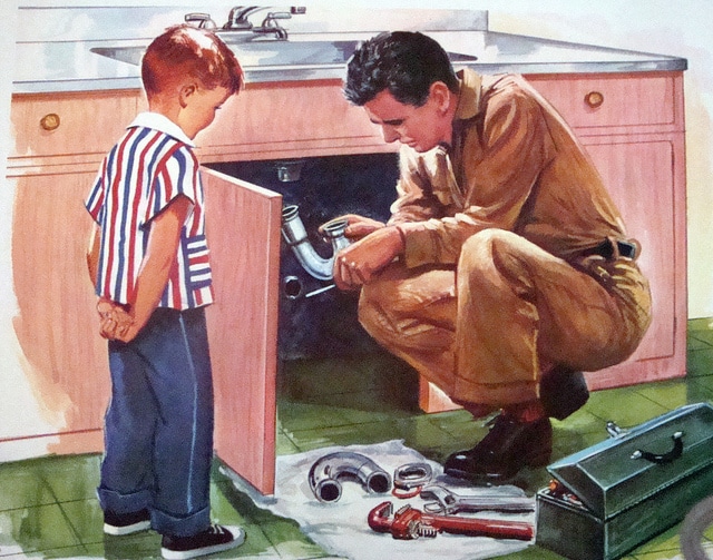 Vintage painting plumber fixing sink boy looking.