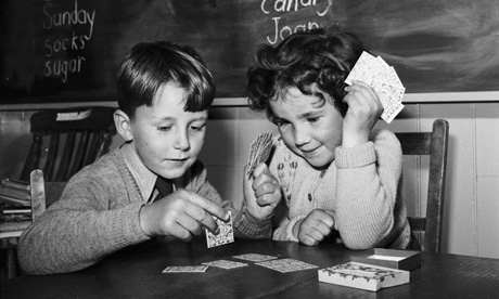 Vintage kids playing cards on Table. 