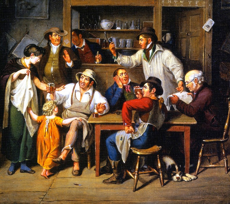 Painting 1700s men drinking rum in house.