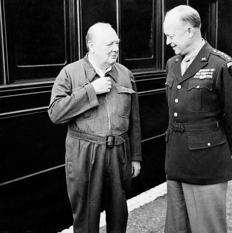 Winston Churchill Dwight Ike Eisenhower talking.