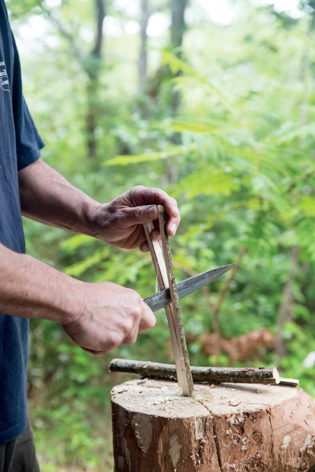 Split, pare, and whittle a straight section of branch or sapling stock for skewers.