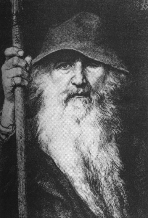 Odin norse god one eye with staff and bucket hat. 