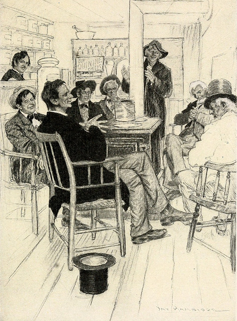 Vintage Abraham Lincoln sitting with friends telling stories jokes illustration.