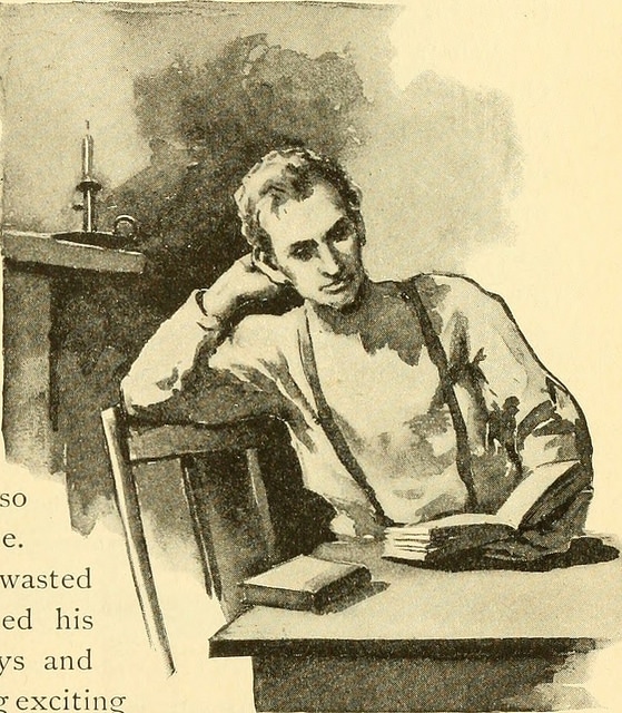 Young man reading book at table illustration. 