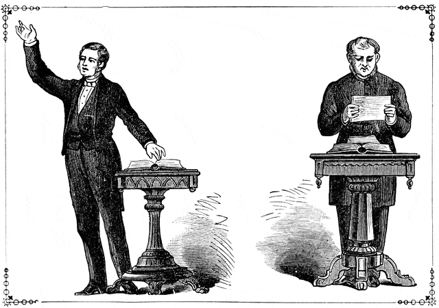 Men speaking at lectern illustration. 