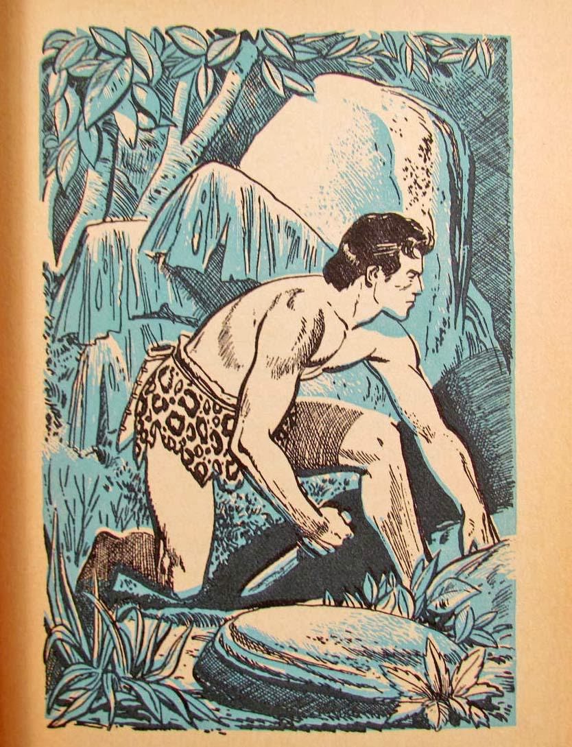 Tarzan with knife hunting in jungle illustration.