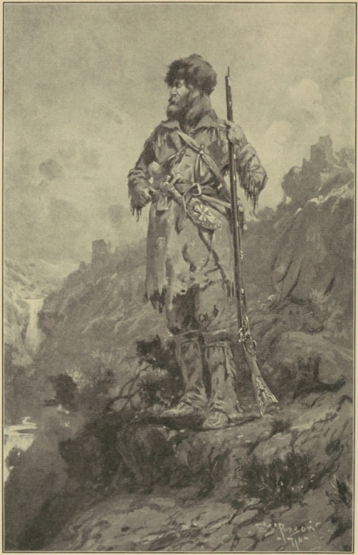 A mountain man standing with coonskin hat and rifle. 