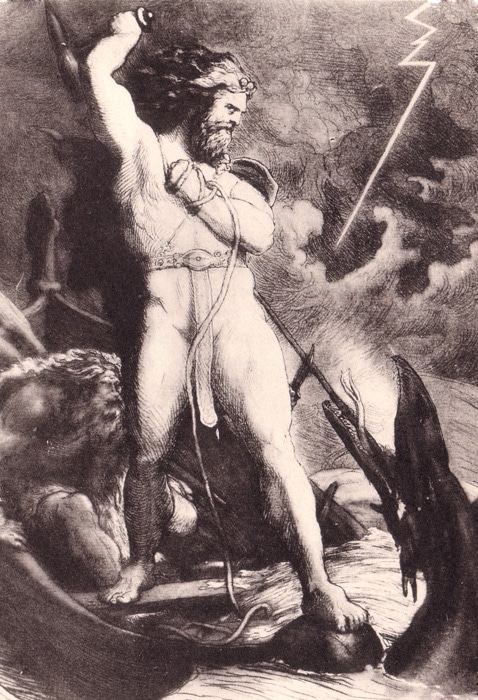Thor battling the world encircling serpent Jormungand illustration.