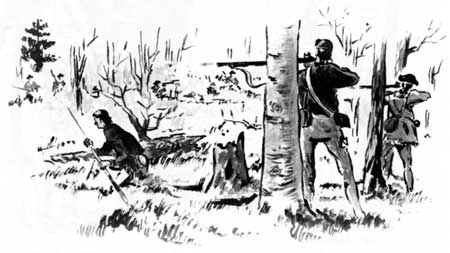 A men hunting in woods with rifles illustration.