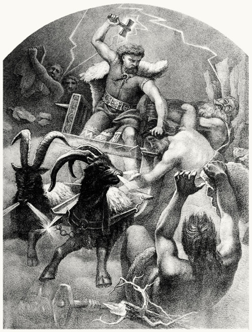 Thor battling giants while in his goat drawn chariot illustration.