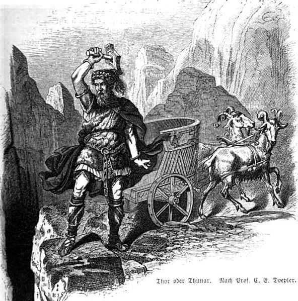 Thor on a mountain precipice with mjolnir and his chariot illustration.