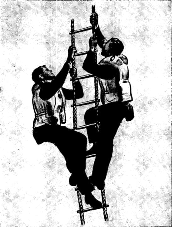 Vintage WWII illustration climbing rope ladder.