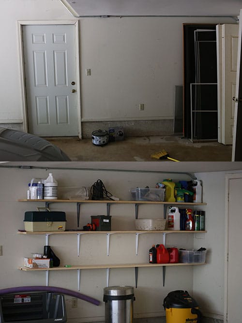 garage wall with homemade shelves 