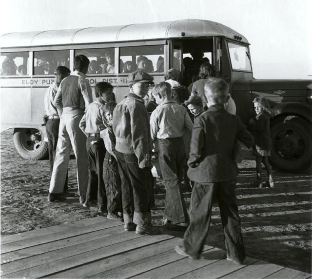 Vintage boys going to school bus 1940s 1950s.