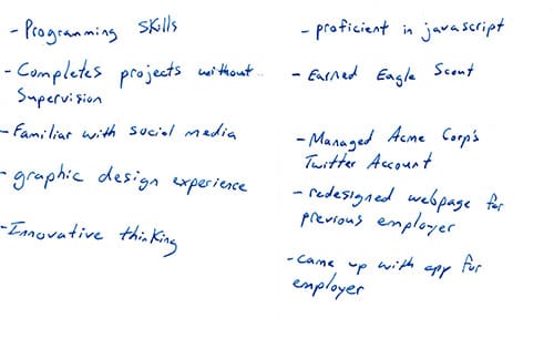 On one side of the paper, write the skills/traits an employer is likely looking for in a hire. On the other side, write the skills/traits you possess that match those requirements.