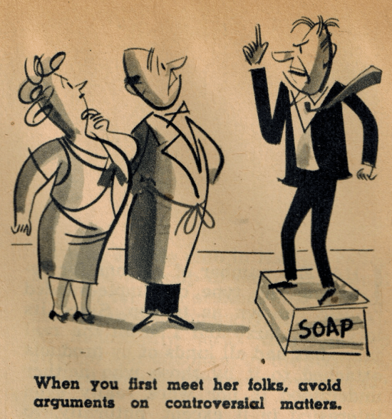 Vintage illustration man on soap box meeting parents.