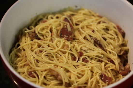 Homemade Sausage Pasta Carbonara in Bowl.