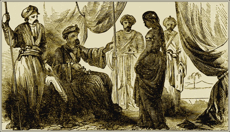 Polygyny ruler enjoying belly dance of a woman in tent.