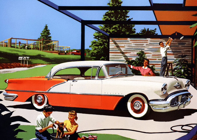 1950s Suburbs washing Car happy family illustration.