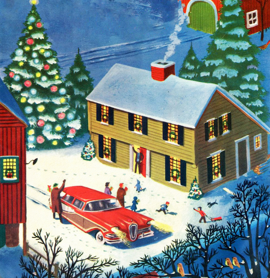 Christmas Painting of Some peoples and a car in front of the house.