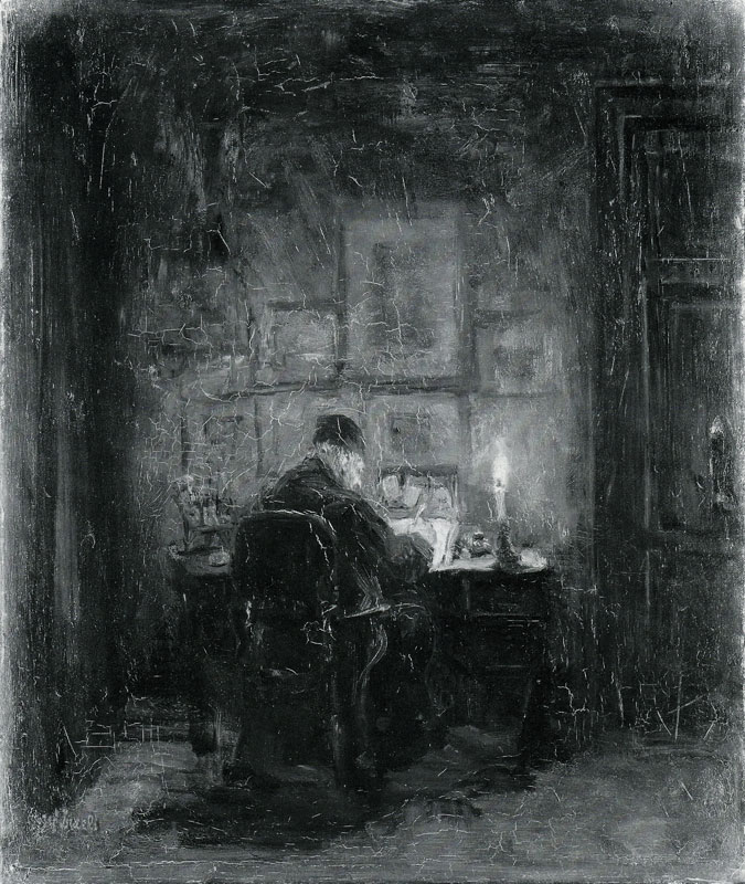 Vintage Etching Man at Desk writing in Candlelight.