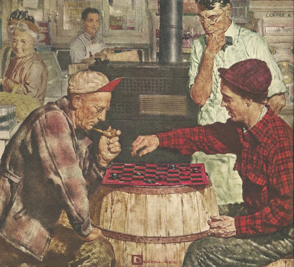 Vintage older man playing checkers on barrel painting.