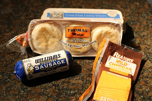 ingredients for homemade breakfast sandwiches sausage muffins cheese