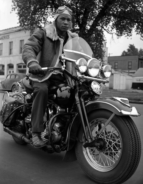 Vintage black african american man on motorcycle.