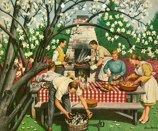 Vintage bbq party outdoors picnic table painting.
