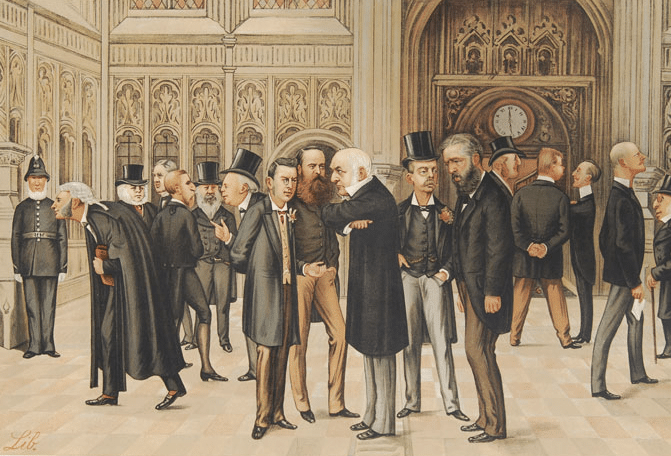 vintage painting british men standing around arguing