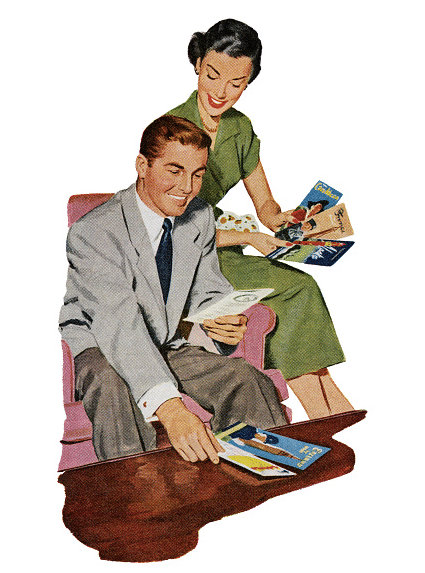 Vintage couple is looking at travel brochures while sitting.