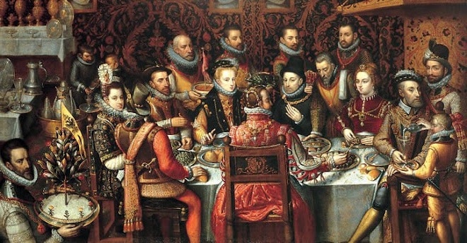 A painting of royal court dinner. 