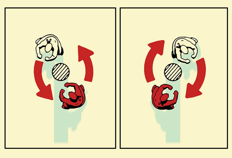 Two people fight each other around a circle illustration.