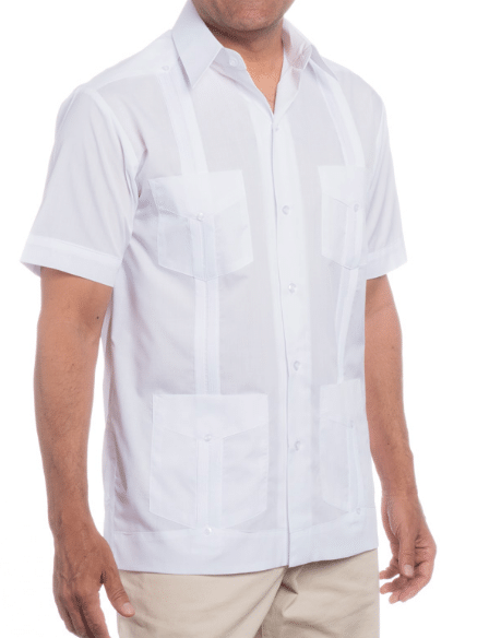 Guy wearing a white half sleve shirt.