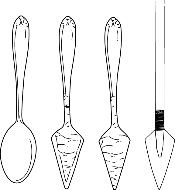 Sharpened spoon spear survival hack illustration.