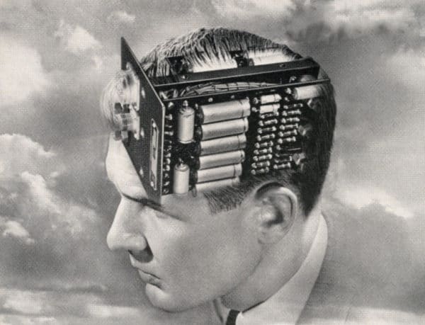 vintage illustration man with batteries in brain 
