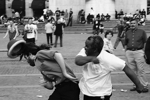 Vintage men street fighting portrait.