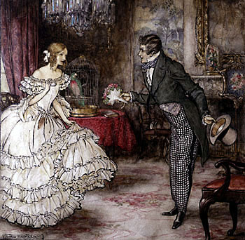 Man giving a bouquet of flowers to woman on valentine illustration.