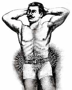 Vintage man wearing belt and giving pose of muscles illustration.