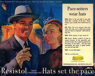 A vintage advertisement for resisto hats bringing the hat fashion to the forefront.